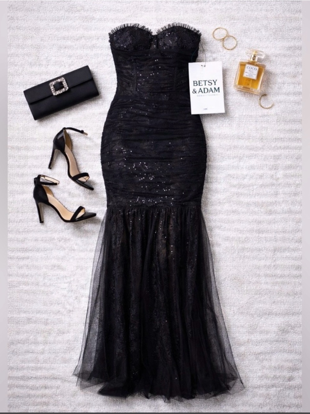 Betsy & Adam Black Strapless Sequin Mermaid Maxi Dress